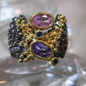 Luxury Two-tone Black Gold kunzot opal alexandrite stone Cocktail ring S7